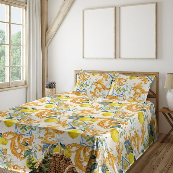 Ambesonne Lemon Fitted & Flat Sheet with Shams 4 Pcs Set, Ethno Flowers Citrus Curlicue, Queen, Off White Marigold and Yellow