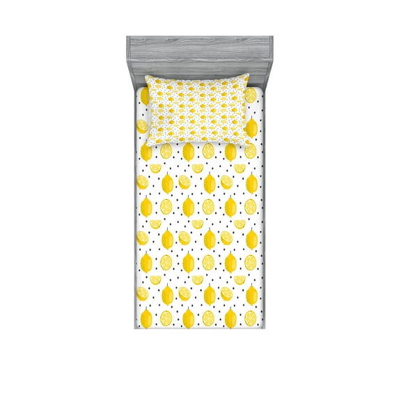Ambesonne Lemon Fitted Sheet & Pillow Sham Set, Summer Citrus Fruit Polka Dot, Twinxl, Mustard Charcoal Grey