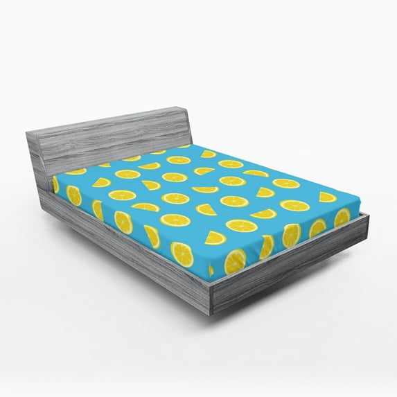 Ambesonne Lemon Fitted Sheet, Slices Summer Sun, Full Size, Sky Blue Yellow