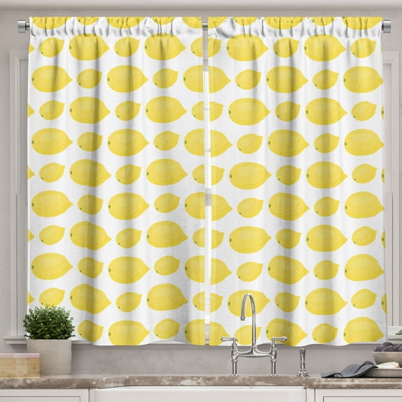 Ambesonne Lemon Kitchen Curtains, Cartoon Citrus Fruits Plot, 55"x24", Pastel Yellow Lime Green