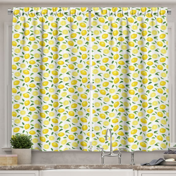 Ambesonne Lemon Kitchen Curtains, Fruit Art Lemons and Leaves, 55"x45", Yellow Fern Green