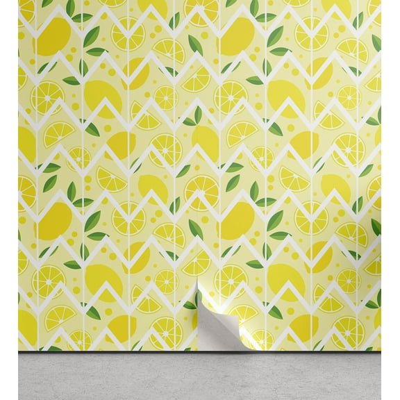 Ambesonne Lemon Peel & Stick Wallpaper for Home, Cartoon Lemons Zigzags, 13"x36", Mustard Lime Green