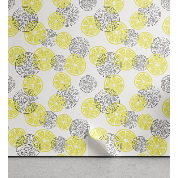 Ambesonne Lemon Peel & Stick Wallpaper for Home, Fresh Organic Sour Slices, 13"x100", Yellow and Grey