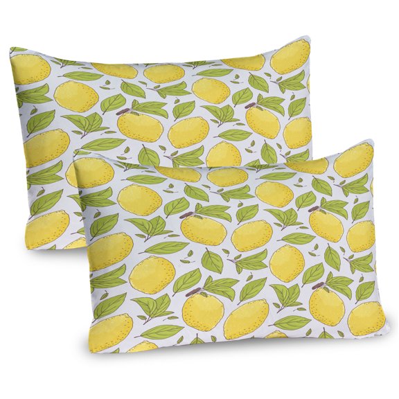 Ambesonne Lemon Pillow Sham 2 Pack, Lemonade Fruit Leaves Doodle, 30"x20", Green and Mustard