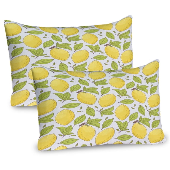 Ambesonne Lemon Pillow Sham 2 Pack, Lemonade Fruit Leaves Doodle, 36"x20", Green and Mustard
