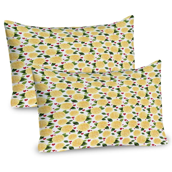 Ambesonne Lemon Pillow Sham 2 Pack, Slices Leaves and Red Hearts, 30"x20", Mustard Dark Green Red