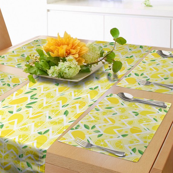 Ambesonne Lemon Table Runner & Placemats, Cartoon Lemons Zigzags, Placemat 4 pcs + Runner 12"x90", Mustard Lime Green