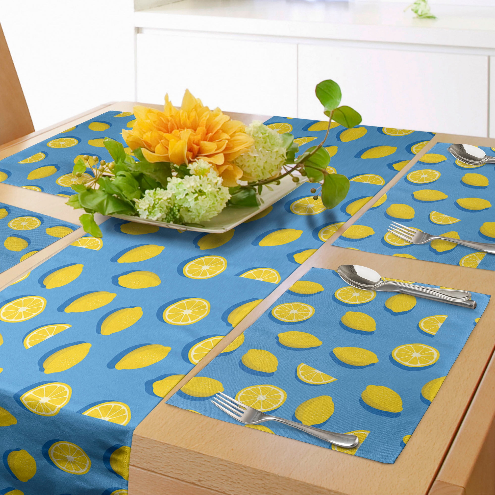 Ambesonne Lemon Table Runner & Placemats, Summer Theme Energetic Fruit