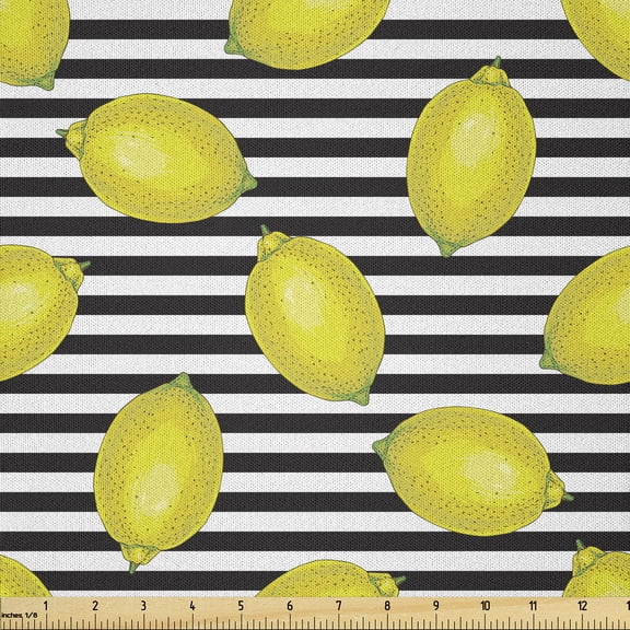 Ambesonne Lemons Fabric by the Yard Microfiber, Citrus Motif Stripes Art, 2 Yards, Apple Green Charcoal Grey