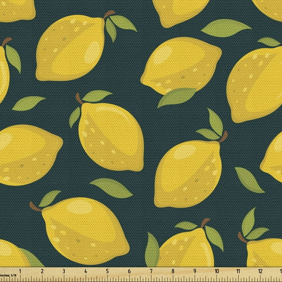 Ambesonne Lemons Fabric by the Yard Upholstery, Citrus Cartoon with Leaves, 3 Yards, Dark Teal Yellow