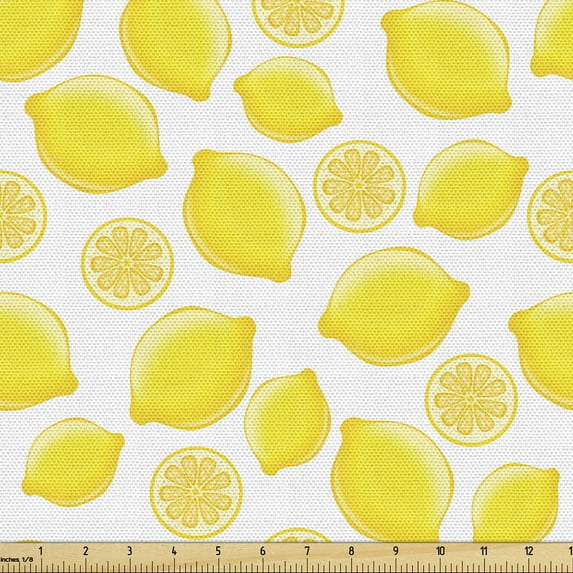 Ambesonne Lemons Fabric by the Yard Upholstery, Delicious Citrus Fruits Art, 2 Yards, Yellow and White