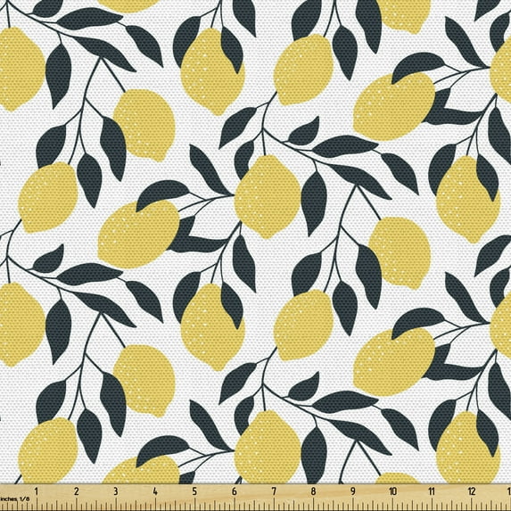 Ambesonne Lemons Fabric by the Yard Upholstery, Repetitive Citrus Fruits, 5 Yards, Dark Petrol Blue Mustard