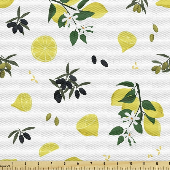 Ambesonne Lemons Fabric by the Yard Upholstery, Summer Style Fresh Citrus, 3 Yards, Green Mustard and Khaki
