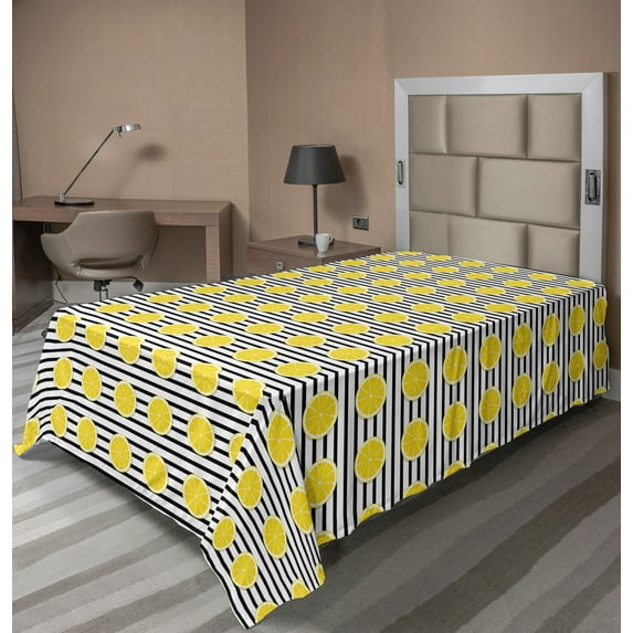 Ambesonne Lemons Flat Sheet, Citrus Fruits in Slices Art, TwinXL Size, Yellow Charcoal Grey