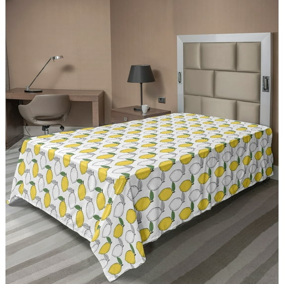 Ambesonne Lemons Flat Sheet, Color Book Inspired Motif, TwinXL Size, Mustard Peacock Green