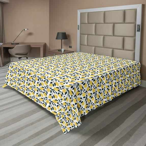 Ambesonne Lemons Flat Sheet, Repetitive Citrus Fruits, Full Size, Dark Petrol Blue Mustard