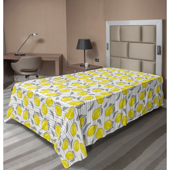 Ambesonne Lemons Flat Sheet, Sketched Lemon Pattern, TwinXL Size, Black White and Yellow