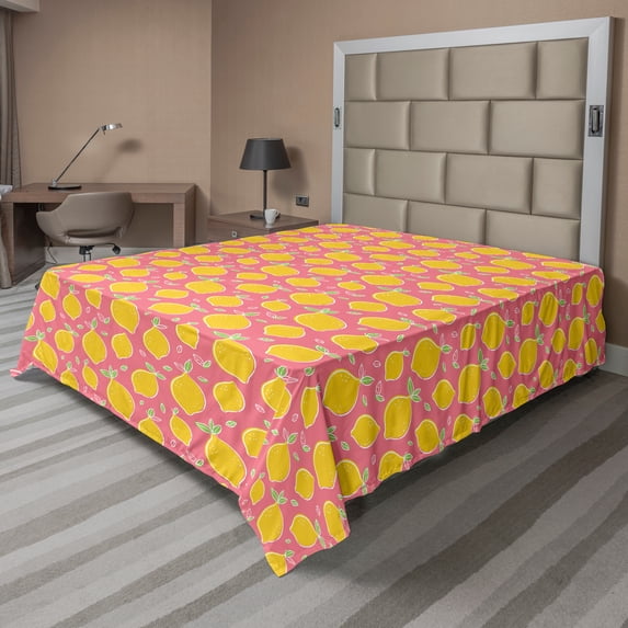 Ambesonne Lemons Flat Sheet, Sour and Juicy Fruit, Queen Size, Earth Yellow Pastel Pink