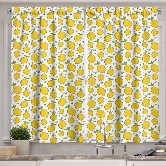 Ambesonne Lemons Kitchen Curtains, Citrus Fruits Leaves Art, 55"x45", Lime Green Earth Yellow