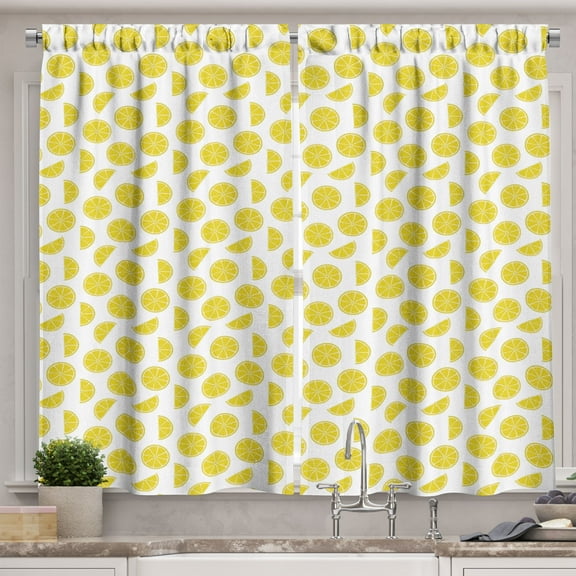 Ambesonne Lemons Kitchen Curtains, Minimal Fruit Slice Summer, 55"x24", White and Earth Yellow