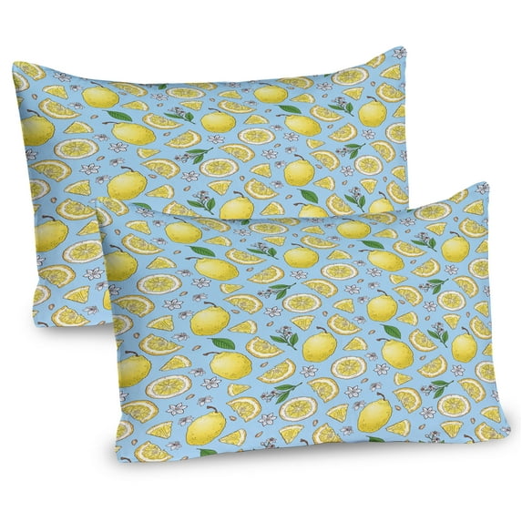 Ambesonne Lemons Pillow Sham 2 Pack, Colorful Citrus Flowers Art, 26"x20", Pale Blue Pale Yellow