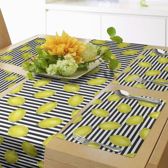 Ambesonne Lemons Table Runner & Placemats, Citrus Motif Stripes Art, Placemat 4 pcs + Runner 12"x72", Apple Green Charcoal Grey