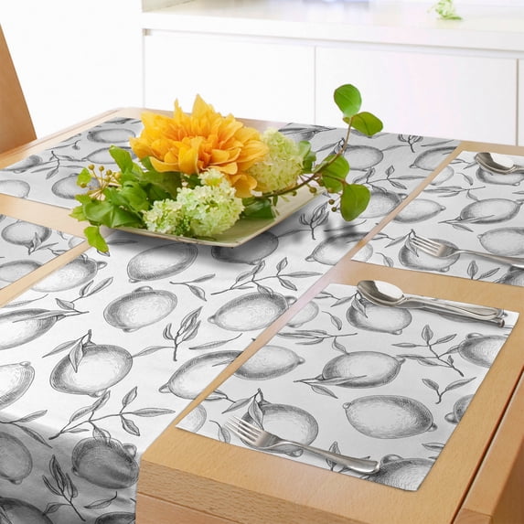 Ambesonne Lemons Table Runner & Placemats, Monochrome Citrus Fruits, Placemat 4 pcs + Runner 12"x90", Grey and White