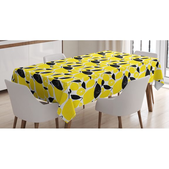 Ambesonne Lemons Tablecloth Rectangular Table Cover, Summer Breeze Sketch, 60"x90", Black White and Yellow