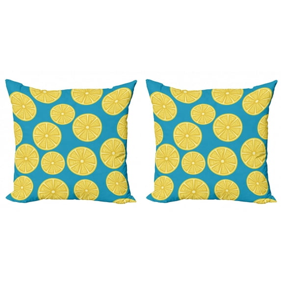 Ambesonne Lemons Throw Pillow Cover 2 Pack, Vivid Citrus Slices Art, 16", Sea Blue Earth Yellow