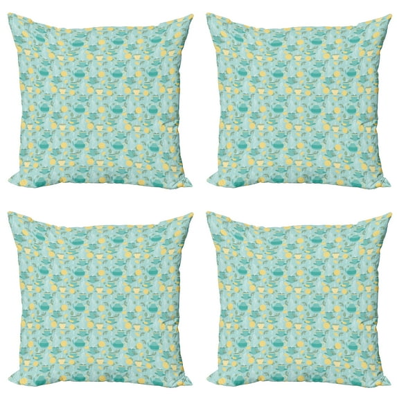 Ambesonne Lemons Throw Pillow Cover 4 Pack, Piping Hot Lemon Tea, 24", Pale Blue Cream Teal
