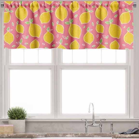 Ambesonne Lemons Valance Pack of 2, Sour and Juicy Fruit, 54"X12", Earth Yellow Pastel Pink