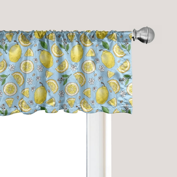 Ambesonne Lemons Window Valance, Colorful Citrus Flowers Art, 54" X 12", Pale Blue Pale Yellow