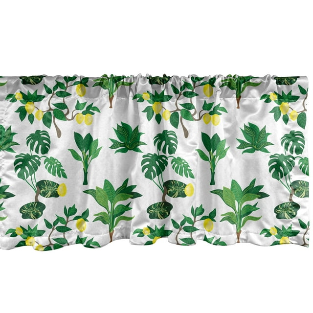 Ambesonne Lemons Window Valance, Digitally Generated Monstera Tropical Leaves and Citrus Blossoms, Curtain Valance for Kitchen Bedroom Decor with Rod Pocket, 54" X 18", Pastel Yellow Fern Green