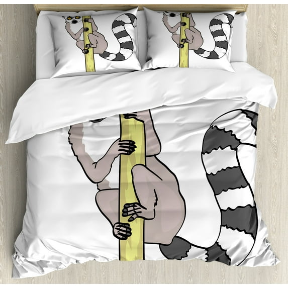 Ambesonne Lemur Duvet Cover Set, Tropical Ring Tailed Cartoon, 2-Calking, Grey Yellow