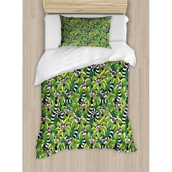 Ambesonne Lemur Duvet Cover Sets, Exotic Jungle Monkey Graphic, 2-Twin, Fern Green Dark Grey