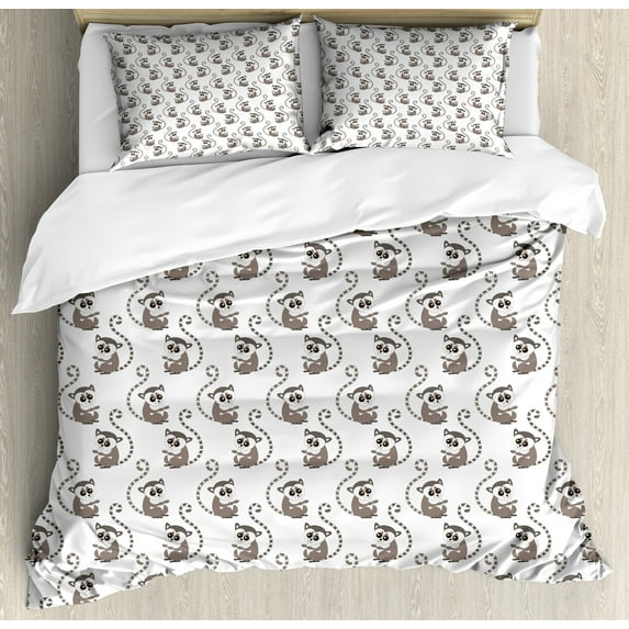 Ambesonne Lemur Duvet Cover Sets, Funny Monkey Cartoon, 2-King, Warm Taupe Blush White