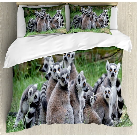 Ambesonne Lemur Duvet Cover Sets, Ring Tailed Madagascar Monkey, 2-Queen, Pale Mauve Taupe Emerald