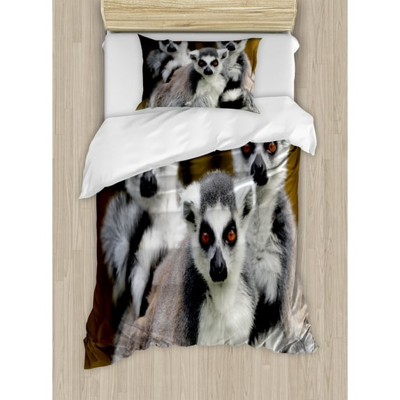 Ambesonne Lemur Duvet Cover Sets, Ring Tailed Monkey Animals, 2-Twin, Fawn Pale Mauve Taupe