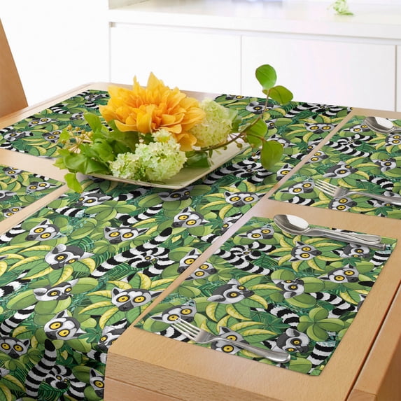 Ambesonne Lemur Table Runner & Placemats, Exotic Jungle Monkey Graphic, Placemat 4 pcs + Runner 12"x90", Fern Green Dark Grey