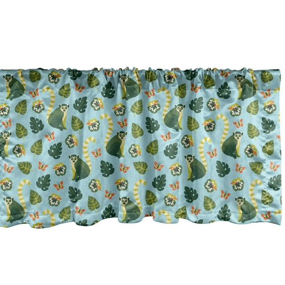 Ambesonne Lemur Window Valance, Tropical Palm Leaves Monstera Butterfly Hibiscus Pattern, Curtain Valance for Kitchen Bedroom Decor with Rod Pocket, 54" X 18", Yellow Green Green