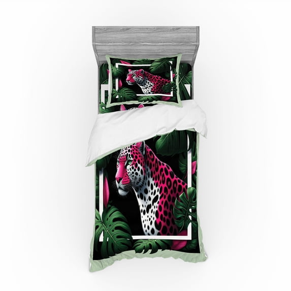 Ambesonne Leopard Bedding Set 3 Pcs, Abstract Jungle Wild Cat, TwinXL, Emerald Magenta and Black