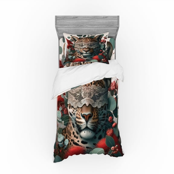 Ambesonne Leopard Bedding Set 3 Pcs, Savage Cat Lace Eucalyptus, Twin, Laurel Green Vermilion
