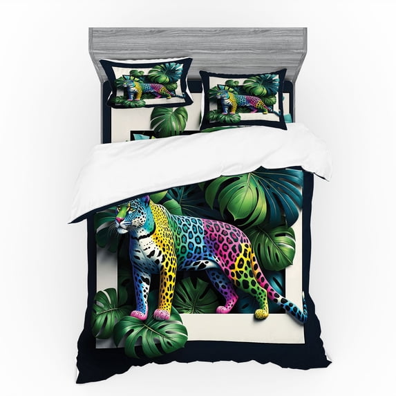 Ambesonne Leopard Bedding Set 4 Pcs, Monstera Colorful Wilds, King, Green Petrol Blue