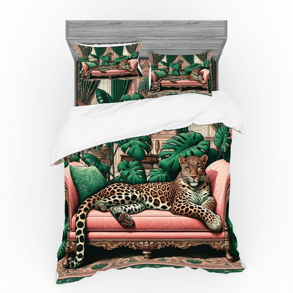 Ambesonne Leopard Bedding Set 4 Pcs, Monsteras Wild Cat Lounge, King, Pink and Jade Green
