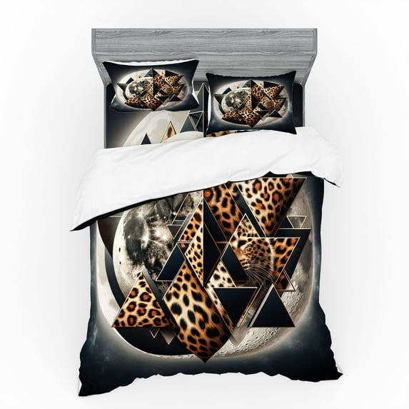 Ambesonne Leopard Bedding Set 4 Pcs, Polygonal Globe Full Moon, Queen, Dark Blue Grey and Amber