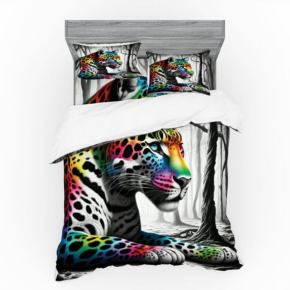 Ambesonne Leopard Bedding Set 4 Pcs, Rainbow Cat in Greyscale, King, Grey Multicolor