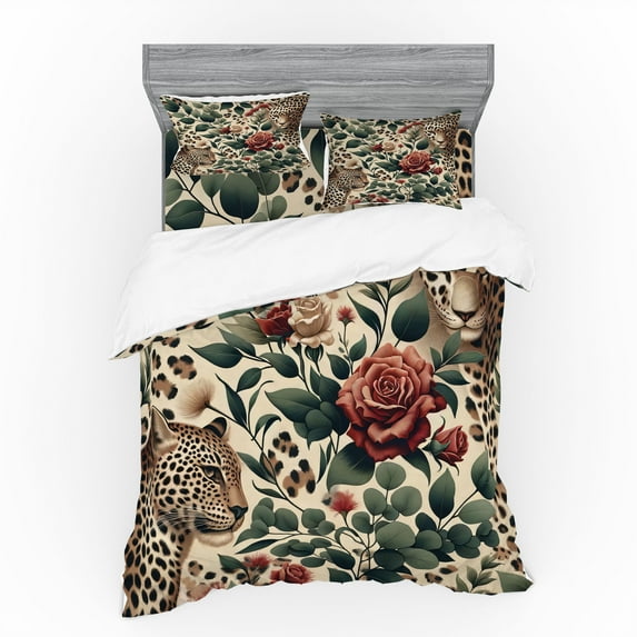 Ambesonne Leopard Bedding Set 4 Pcs, Roses Leaves Wild Animals, King, Peacock Green and Caramel