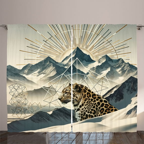 Ambesonne Leopard Curtains 2 Panel Set, Boho Mountains and Wild Cat, 108" x 84", Cadet Blue and Sand Brown
