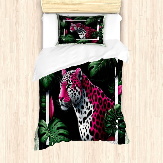 Ambesonne Leopard Duvet Cover Set, Abstract Jungle Wild Cat, Twin, Emerald Magenta and Black