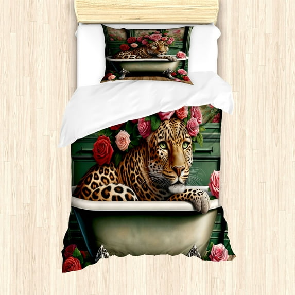Ambesonne Leopard Duvet Cover Set, English Roses Wild Animal, Twin, Reseda Green and Pink